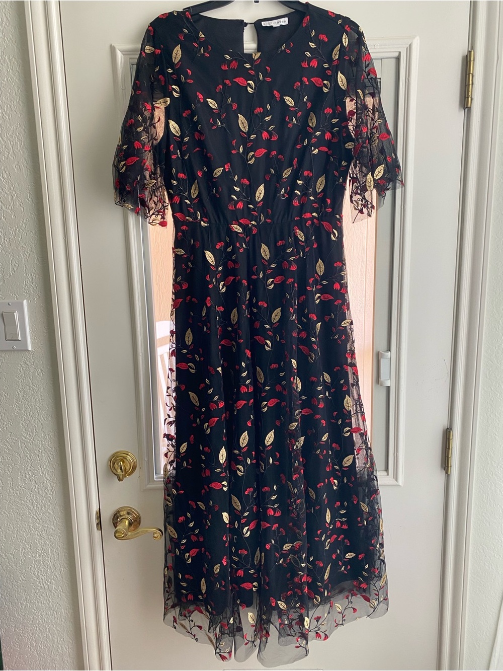 Baltic Born Black Midi Dress with Red & Gold Leaf Embroidery